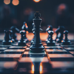 Close-up of a chessboard, a visionary move in play, strategic pieces aligning for success under spotlight - obrazy, fototapety, plakaty