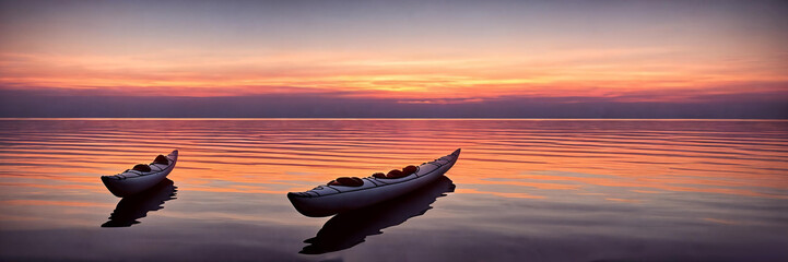 A kayak rests on the shore of a tranquil beach.