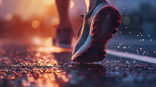 Athlete's foot close-up, kicking off the starting block at dawn, determination and power in every run