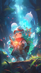 Cute anime girl adventurer, exploring a mystical forest filled with glowing creatures