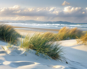 Daylight cascades over the beach, grass whispers stories of the sea, a serene coastal symphony