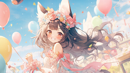 Dreamy anime girl in a cute outfit, with a pastel-colored magical landscape background