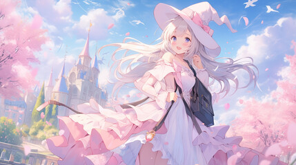 Dreamy anime girl in a cute outfit, with a pastel-colored magical landscape background