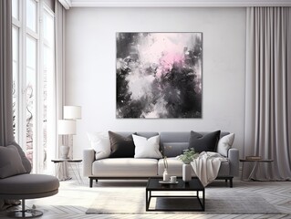 Splashes of bright paint on the canvas. black, gray and white colors. Interior painting