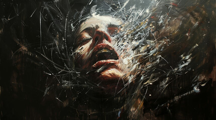 A visage screams within splattered paint and chaotic brushstrokes on canvas.