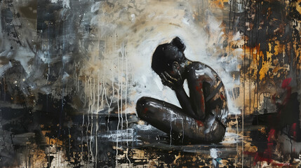 A haunting abstract painting of a seated figure enveloped in dark hues with gold and white streaks