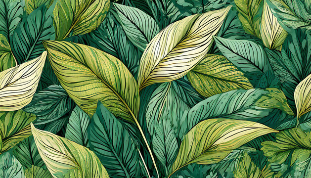 Watercolor illustration of lush green leaves. Abstract foliage pattern. Hand drawn art