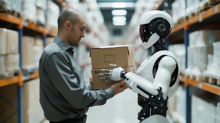 Man receiving a package from a robot in a high-tech warehouse - obrazy, fototapety, plakaty