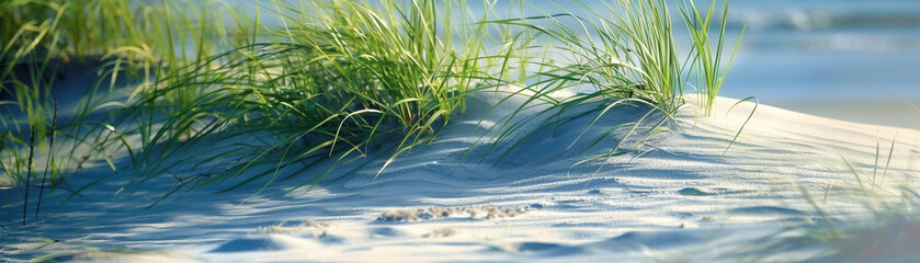 Serene dune landscape with beach grass under soft light. - obrazy, fototapety, plakaty