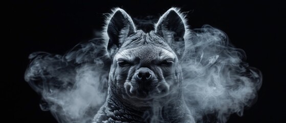  A grayscale portrait of a dog exhaling smoke from its mouth
