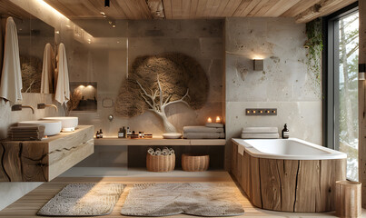 House with hardwood flooring, bathtub, sinks, and tree sculpture on the wall