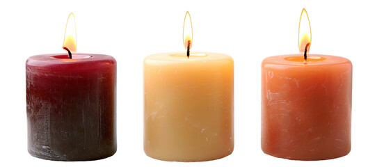 Three pillar candles with flames illuminated, cut out