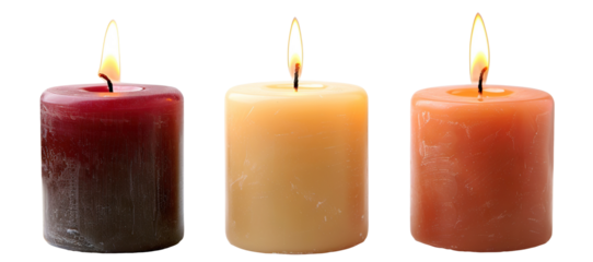 Three pillar candles with flames illuminated, cut out