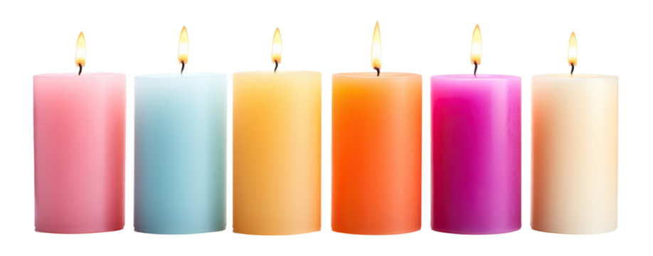 Colorful pillar candles with flames illuminated, cut out