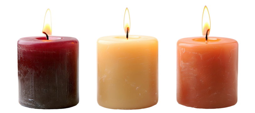 Three pillar candles with flames illuminated, cut out - Powered by Adobe