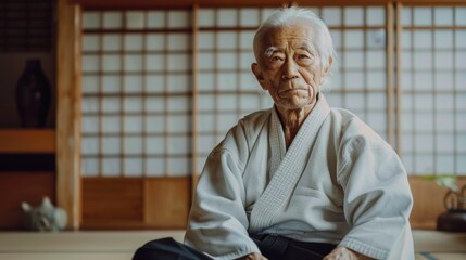 Elderly aikido master wearing kimono sitting in training room.