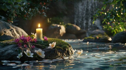 Candle and flowers on serene water - A tranquil candlelit scene amidst floating flowers and lush greenery evoking peace and meditation beside a waterfall