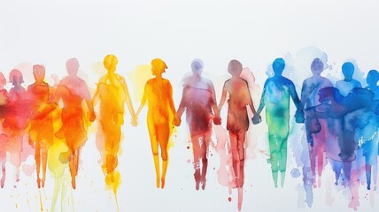 Abstract watercolor silhouette of diverse people - Colorful silhouettes of people holding hands, depicting diversity and unity, with a watercolor effect