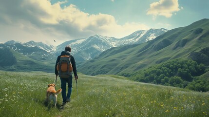 A man and a dog hiking in beautiful mountain landscape, man with tourist backpack hiking on spring wild field together with a dog. The concept of the campaign, hiking , spring traveling and nature - obrazy, fototapety, plakaty
