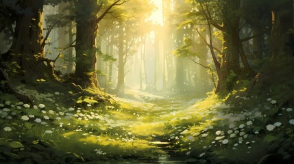 A secret forest clearing bathed in golden sunlight, with tall grass and wildflowers swaying in the gentle breeze.