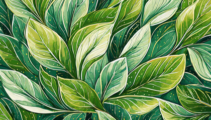 Watercolor illustration of lush green leaves. Abstract foliage pattern. Hand drawn art