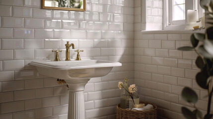 A vintage-inspired bathroom featuring subway tiles, a pedestal sink, and brass hardware for a...