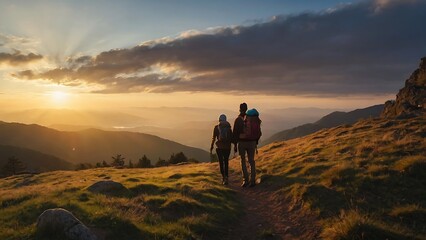 Couple hiking in the mountains at sunset. 