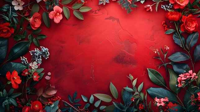 Floral and botanical background, Abstract pattern with spring flowers on a red background