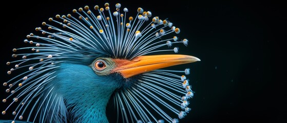  A zoomed-in picture of a blue avian with an extended neck and a considerable orange bill adorned with minute white spots on its crown - obrazy, fototapety, plakaty