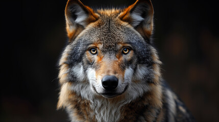 Obraz premium Portrait of a wolf on dark background. 