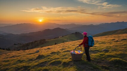 A woman with a basket of Easter eggs in the mountains at sunset.