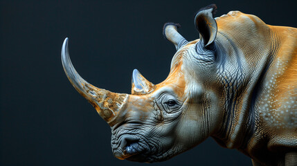 Portrait of a rhino on dark background.  - obrazy, fototapety, plakaty