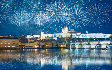 Christmas fireworks - Prague Castle and Charles Bridge - Prague, Czech Republic
