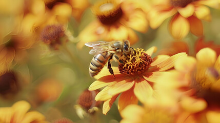 Bees Apis mellifera on helenium flowers. - obrazy, fototapety, plakaty