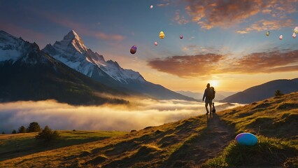 Hiker with bicycle and colorful hot air balloons at sunset in the mountains