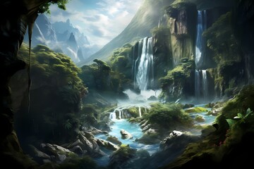 A picturesque waterfall flowing through a hidden mountain valley, surrounded by a sea of lush greenery - obrazy, fototapety, plakaty