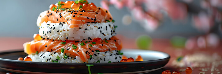 A creative sushi burger dish with fresh salmon slices as buns and sesame rice as toppings. Concept:...