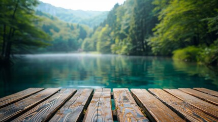 Fototapeta na wymiar Wooden Tabletop Plank Overlooking Blurred Plitvice Lakes Generative AI