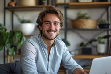Young Man Smiling at His Home Office Desk While Working on Laptop Generative AI