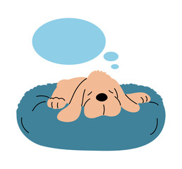 A domestic dog spaniel sleeps on a pillow. Bubble for text. Pet friend. Cute animal. Vector flat illustration isolated on white background
