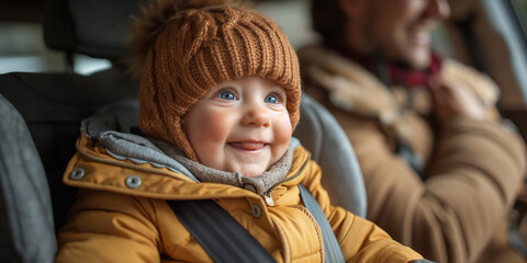 Portrait of adorable baby boy sitting in car seat with his parent - obrazy, fototapety, plakaty