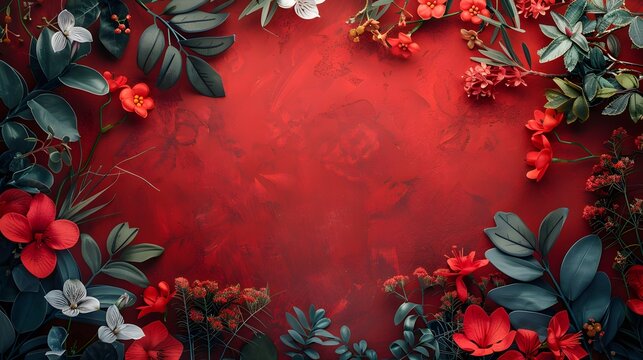 Floral and botanical background, Abstract pattern with spring flowers on a red background
