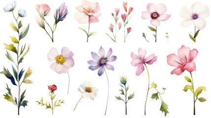 Set of watercolor wildflowers painting isolated on clear png background and transparent background. Fresh and nature concept for nature decorative and flower element, AI generative.	 - obrazy, fototapety, plakaty