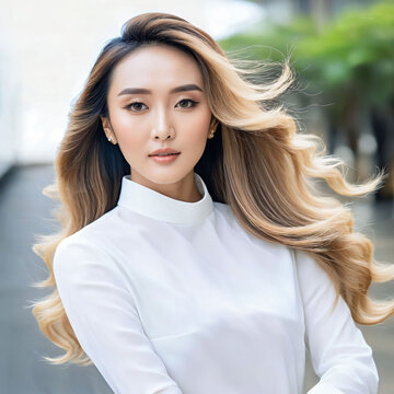 Thai woman wearing a white shirt and has blonde hair. She is posing for a picture, and her hair is blowing in the wind., generative AI