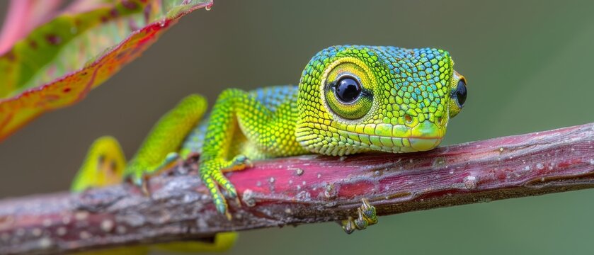  A high resolution image of a close up lizard on a branch, with the lizard on its back having a green and yellow color