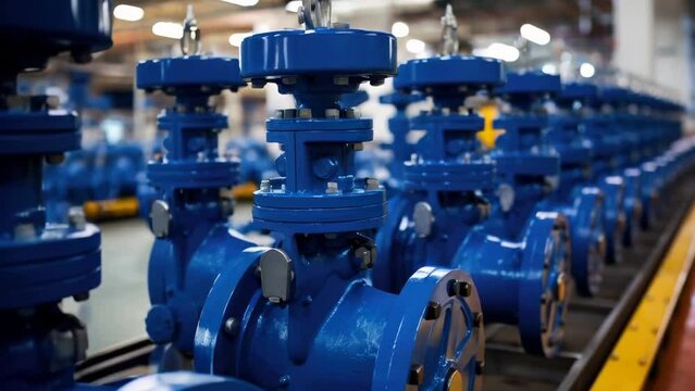 A row of blue valves are lined up on a conveyor belt. The valves are made of metal and are blue in color