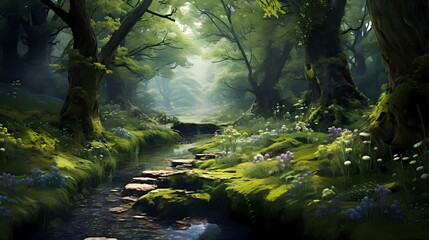 A peaceful forest glen with a carpet of soft moss and wildflowers, creating a serene and picturesque scene.