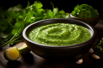 Green herb chutney sauce in stone bowl with lime slice, chili and fresh herbs on dark background. Horizontal, close-up, side view.
