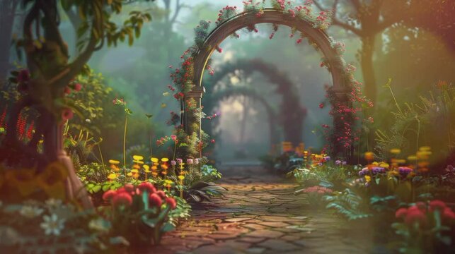 Fairy Tale Wallpaper with Flower Arch Background seamless looping time-lapse virtual 4k video animation background.