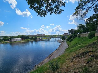 View of Narva Castle in Estonia and Ivangorod Castle in Russia separated by the border - 766363828
